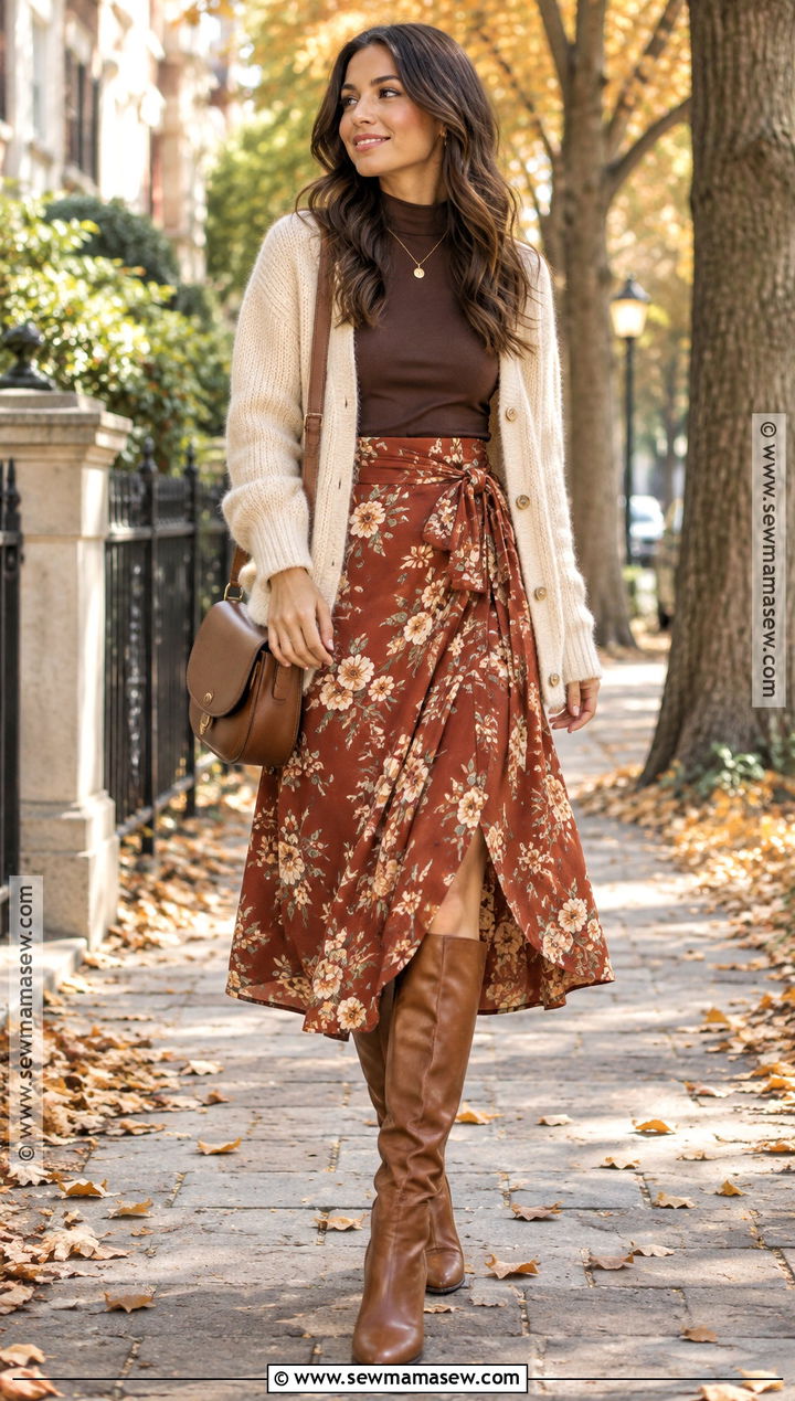 Rust Floral Wrap Skirt Outfit - 15 autumn floral skirt design ideas