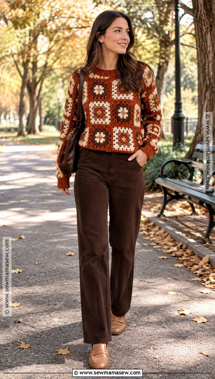 Rust Granny Square Crochet Sweater With Corduroy Pants - 15 Autumn Crochet Sweater Ideas
