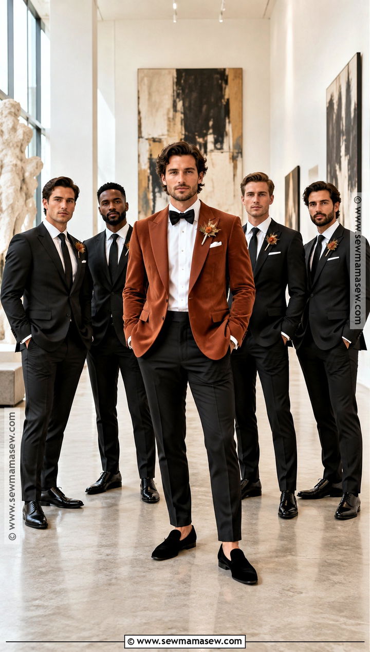 Rust Groom Jacket With Black Groomsmen Suits - 15 fall groom and groomsmen attire ideas