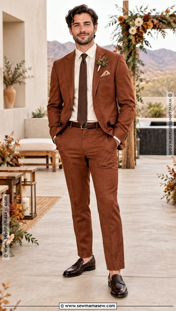 Rust Groom Suit With Cream Shirt - 20 fall groom attire ideas