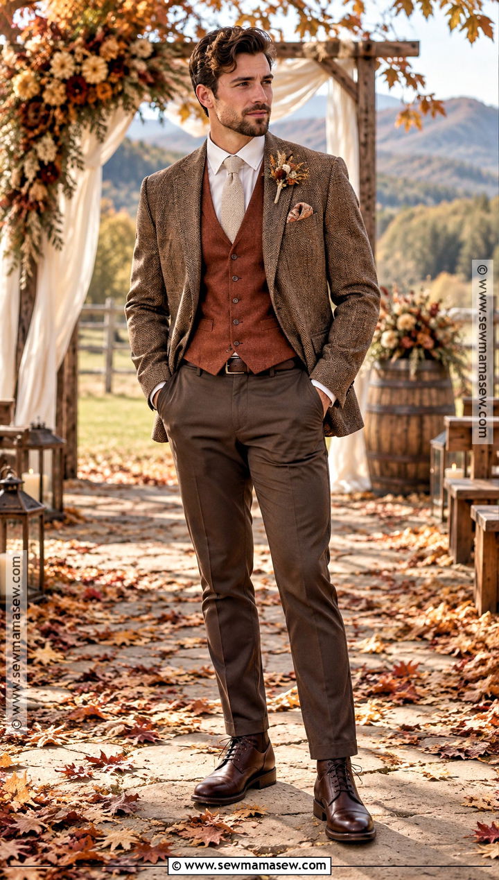Rust Groom Vest With Brown Trousers - 15 fall groom attire vest ideas
