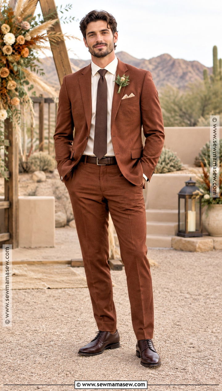 Rust Groomsmen Suit With Cream Shirt - 25 fall groomsmen attire ideas