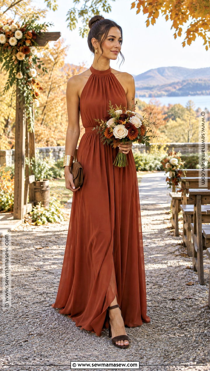 Rust Halter Neck Fall Bridesmaid Dress - 25 fall wedding bridesmaid dresses