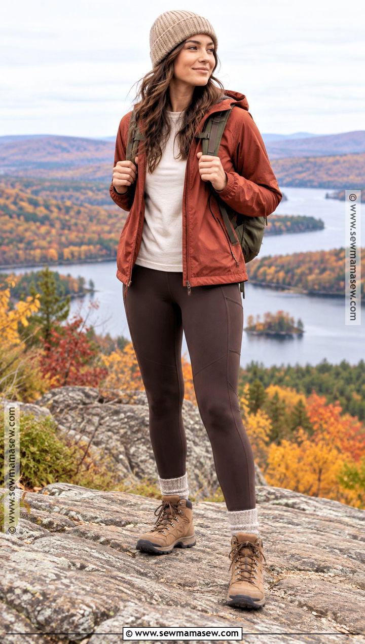 Rust Jacket And Brown Hiking Leggings Outfit - 25 fall hiking outfits