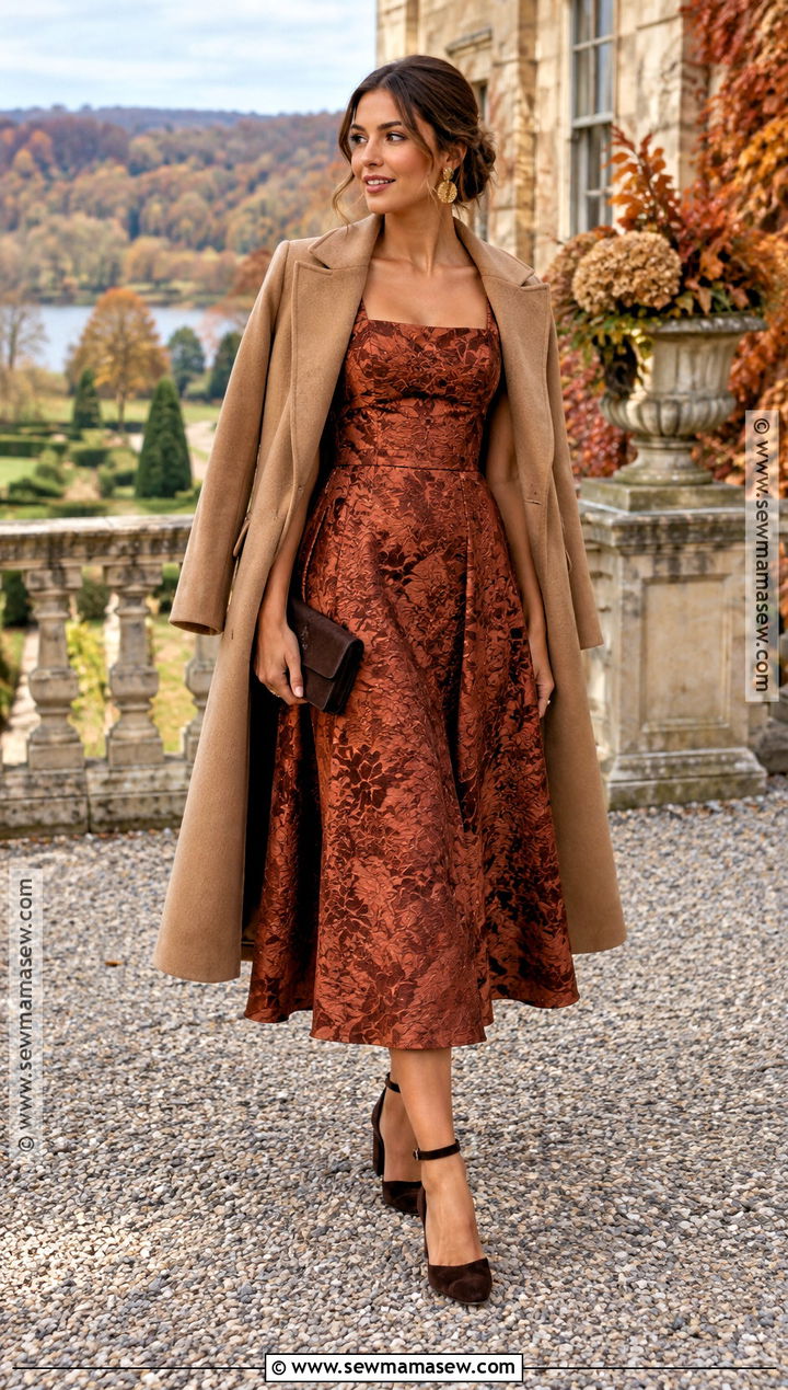 Rust Jacquard November Wedding Guest Dress - 20 november wedding dress guest ideas