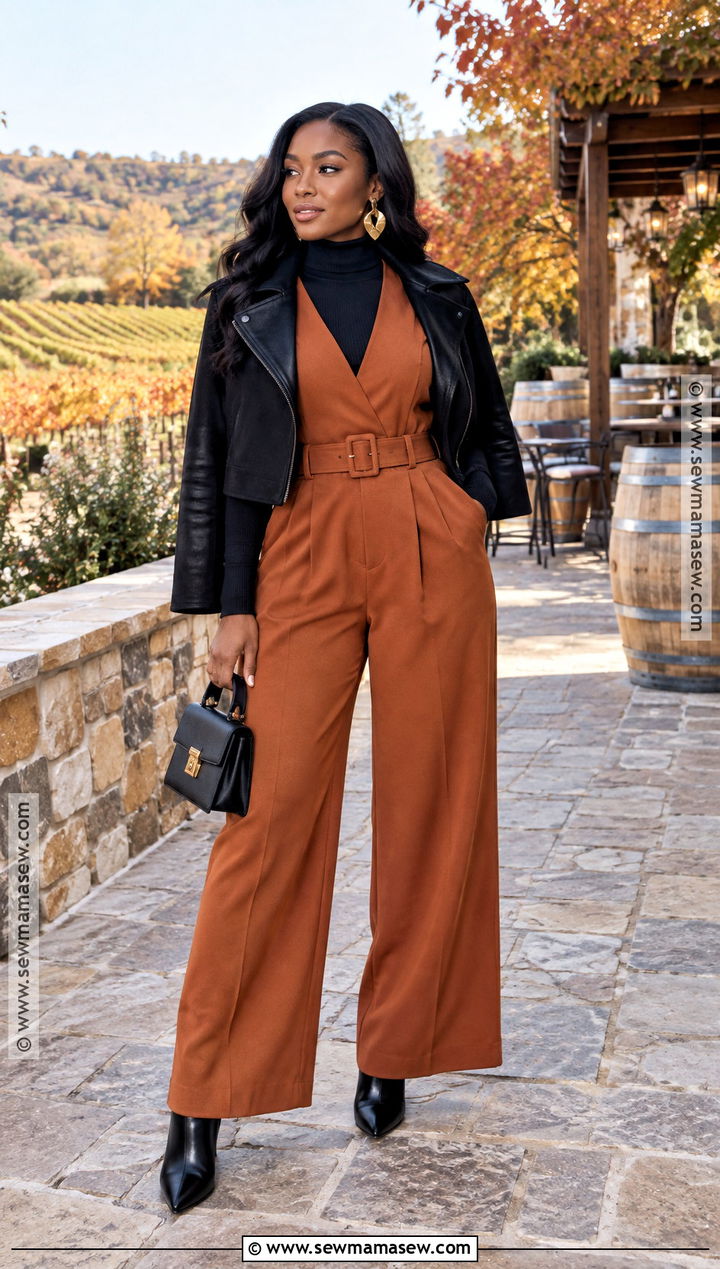 Rust Jumpsuit Vineyard Outfit - 15 Fall Vineyard Outfits for Black Women