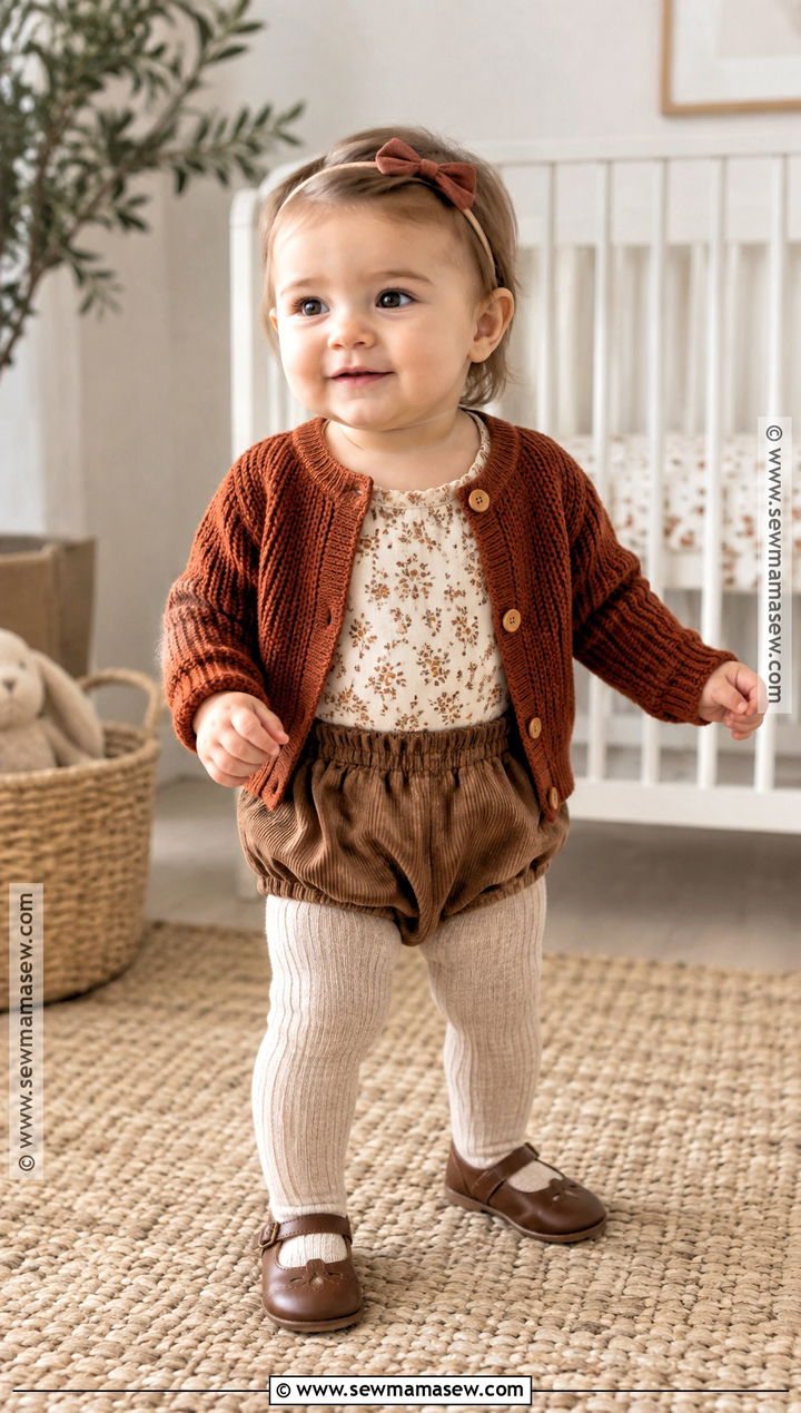 Rust Knit Baby Cardigan With Floral Bodysuit - 15 Knit Baby Sweater Fall Style Ideas