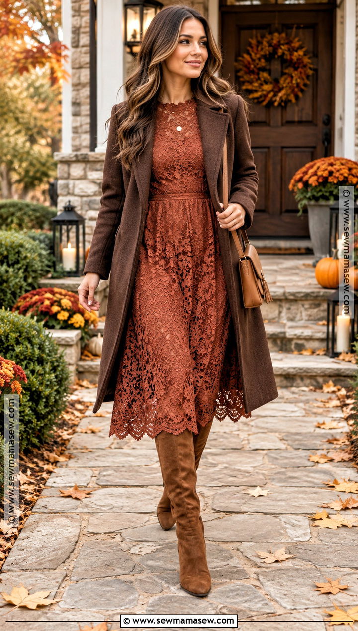Rust Lace Dress With Knee High Boots - 20 Thanksgiving Lace Styles