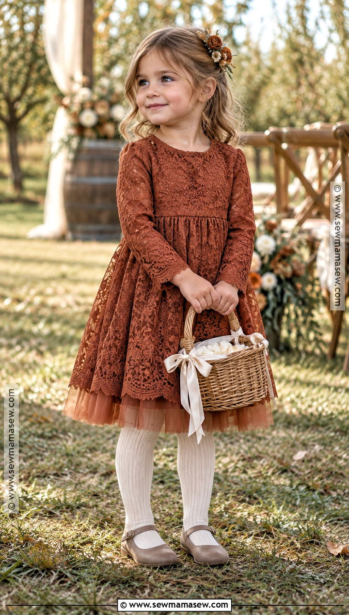 Rust Lace Long Sleeve Flower Girl Dress - 20 Fall Wedding Flower Girl Dresses