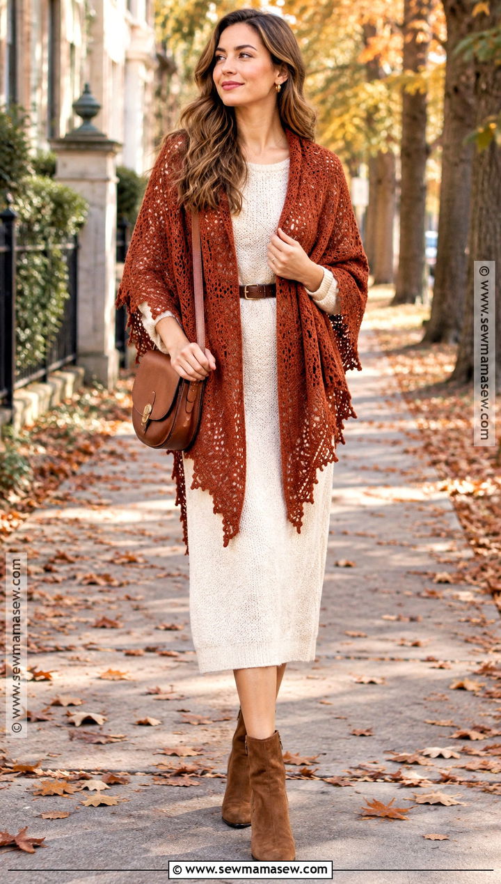 Rust Lace Shawl With Cream Knit Dress - 15 autumn color lace shawl ideas