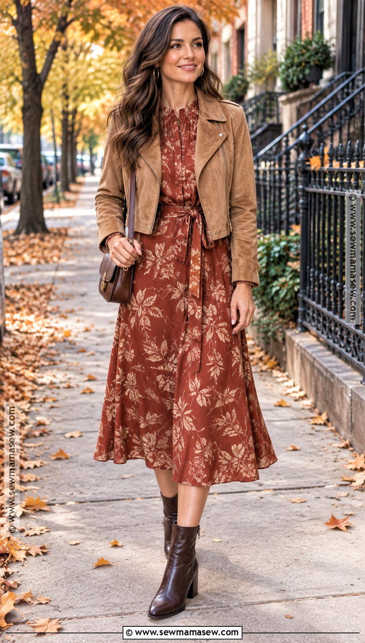 Rust Leaf Print Midi Dress Outfit - 15 Fall Leaf Dress Ideas