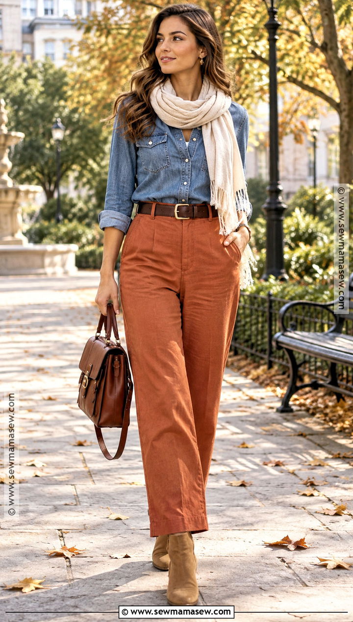 Rust Linen Pants With A Denim Shirt - 15 autumn outfits linen pants