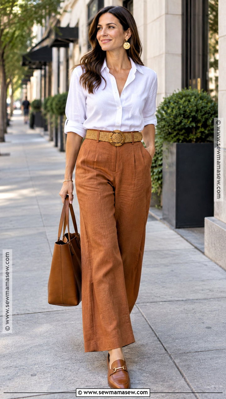Rust Linen Pants With A White Button Down Shirt - 25 linen pants fall outfit