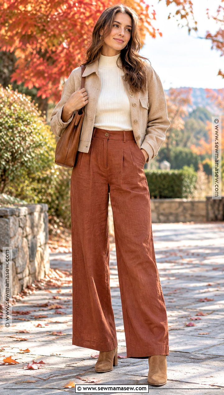 Rust Linen Pants With Cream Knit Top - 25 linen pants outfit fall
