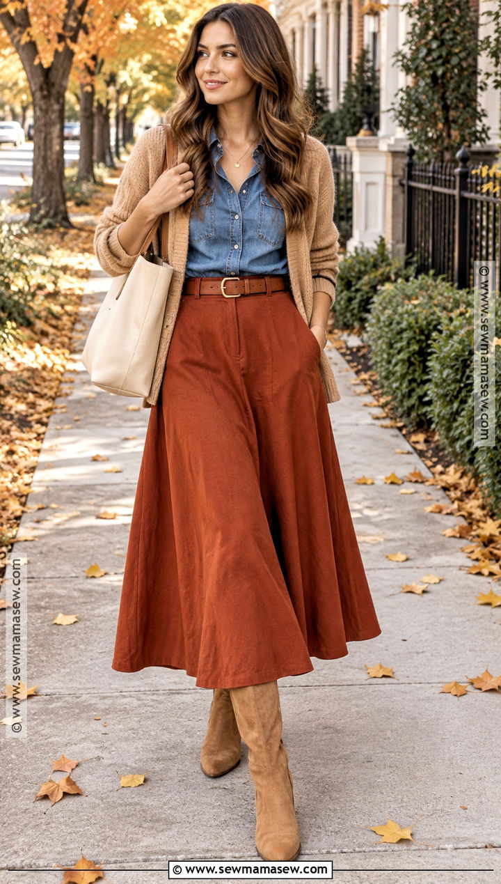 Rust Long Skirt Outfit With Denim Shirt - 25 fall long skirt outfits