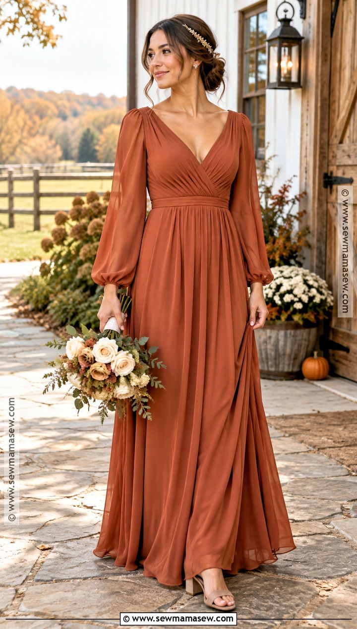 Rust Long Sleeve Bridesmaid Dress - 15 Fall Rustic Bridesmaid Dresses