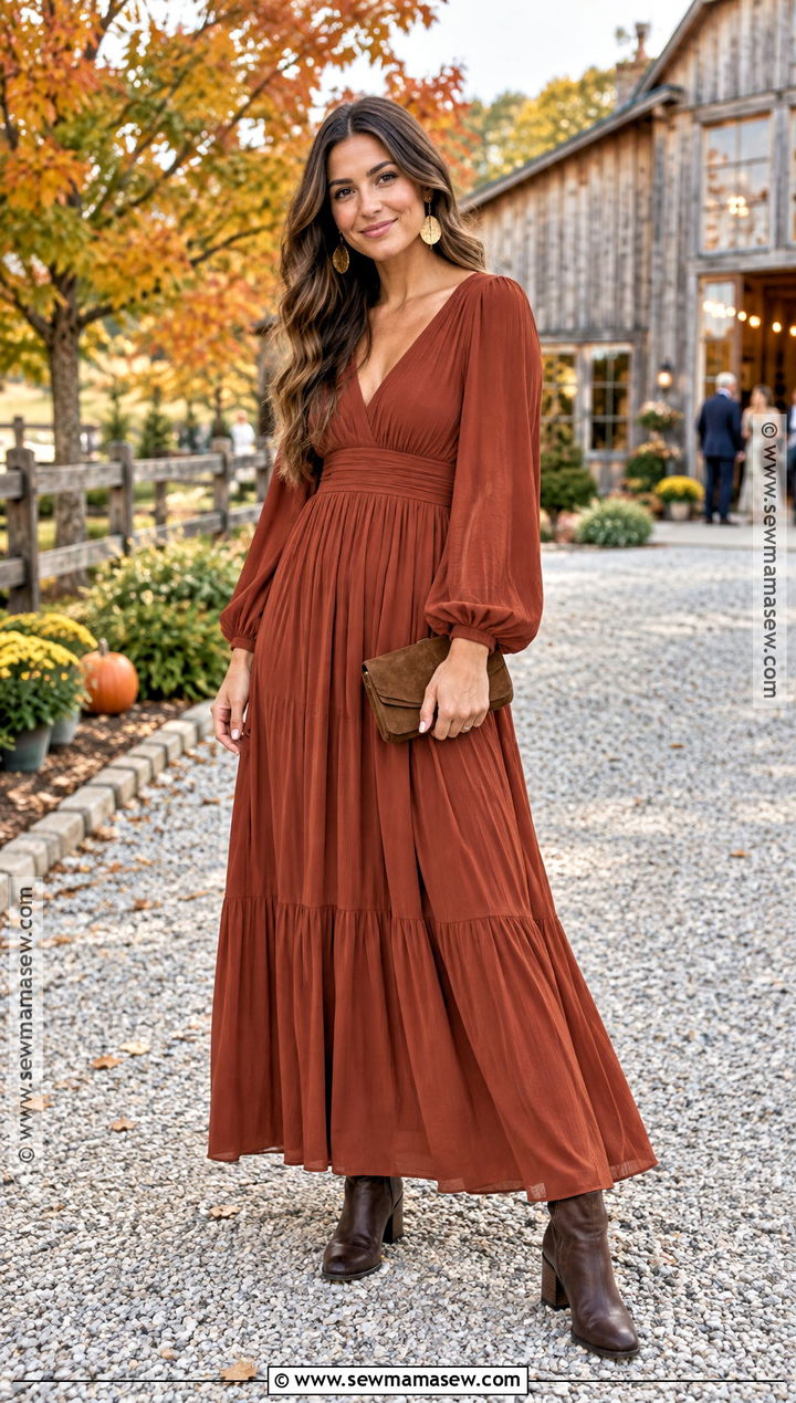 Rust Long Sleeve Maxi Dress With Ankle Boots - 20 Fall Farm Wedding Guest Attire Ideas