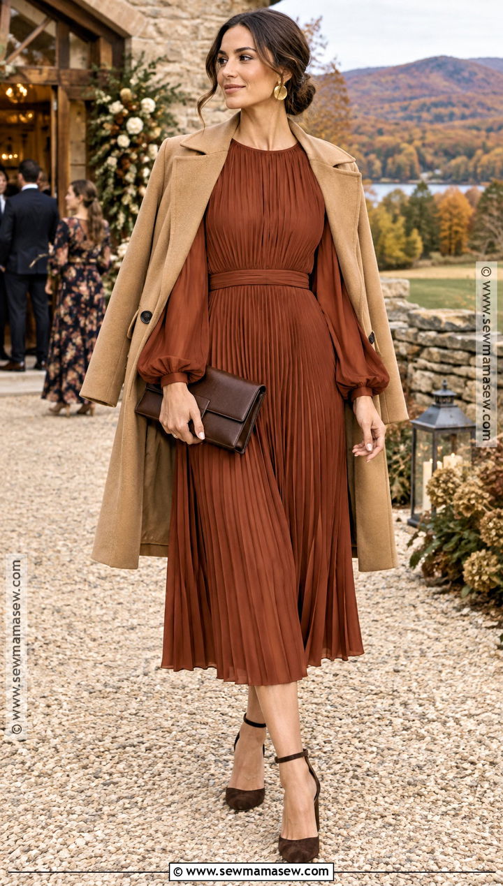 Rust Long Sleeve Pleated Midi Dress - 15 semi formal dresses for wedding guest fall long sleeve