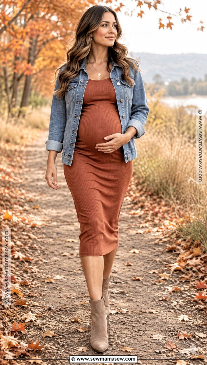 Rust Maternity Dress And Denim Jacket Outfit - 15 fall maternity outfits for photoshoot casual