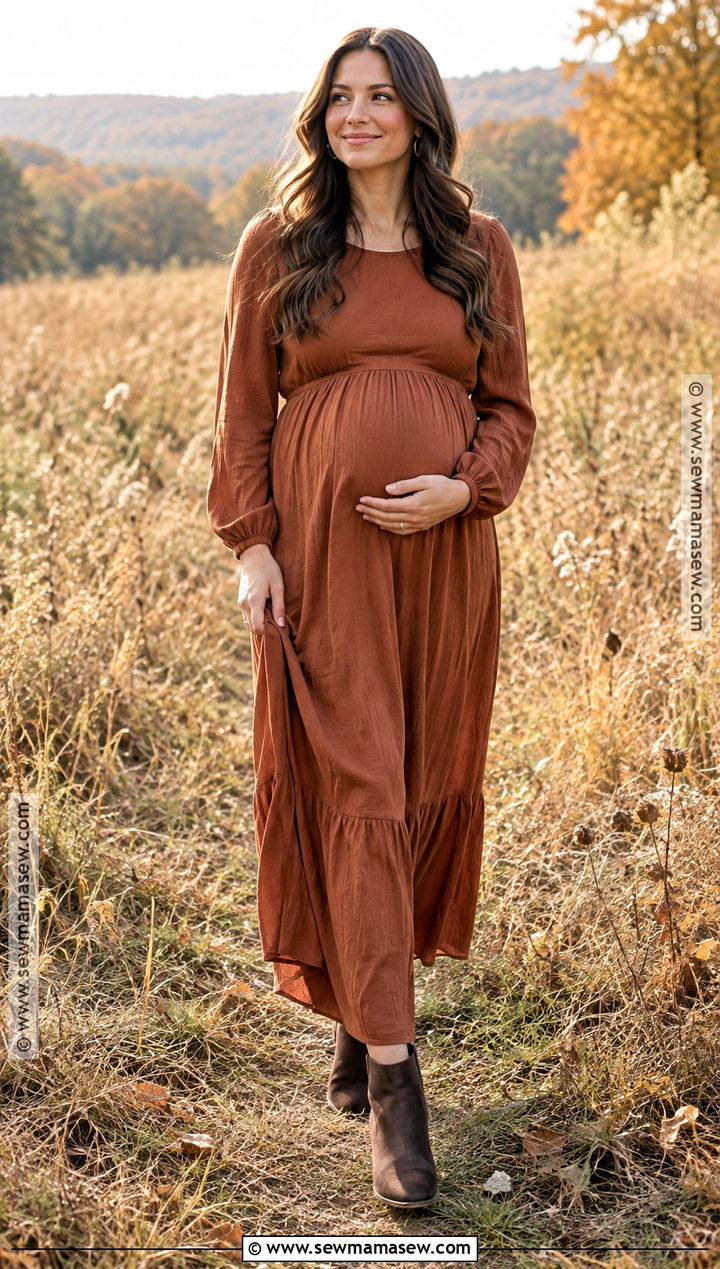 Rust Maternity Maxi Dress With Brown Boots - 20 Fall Maternity Photoshoot Outfits