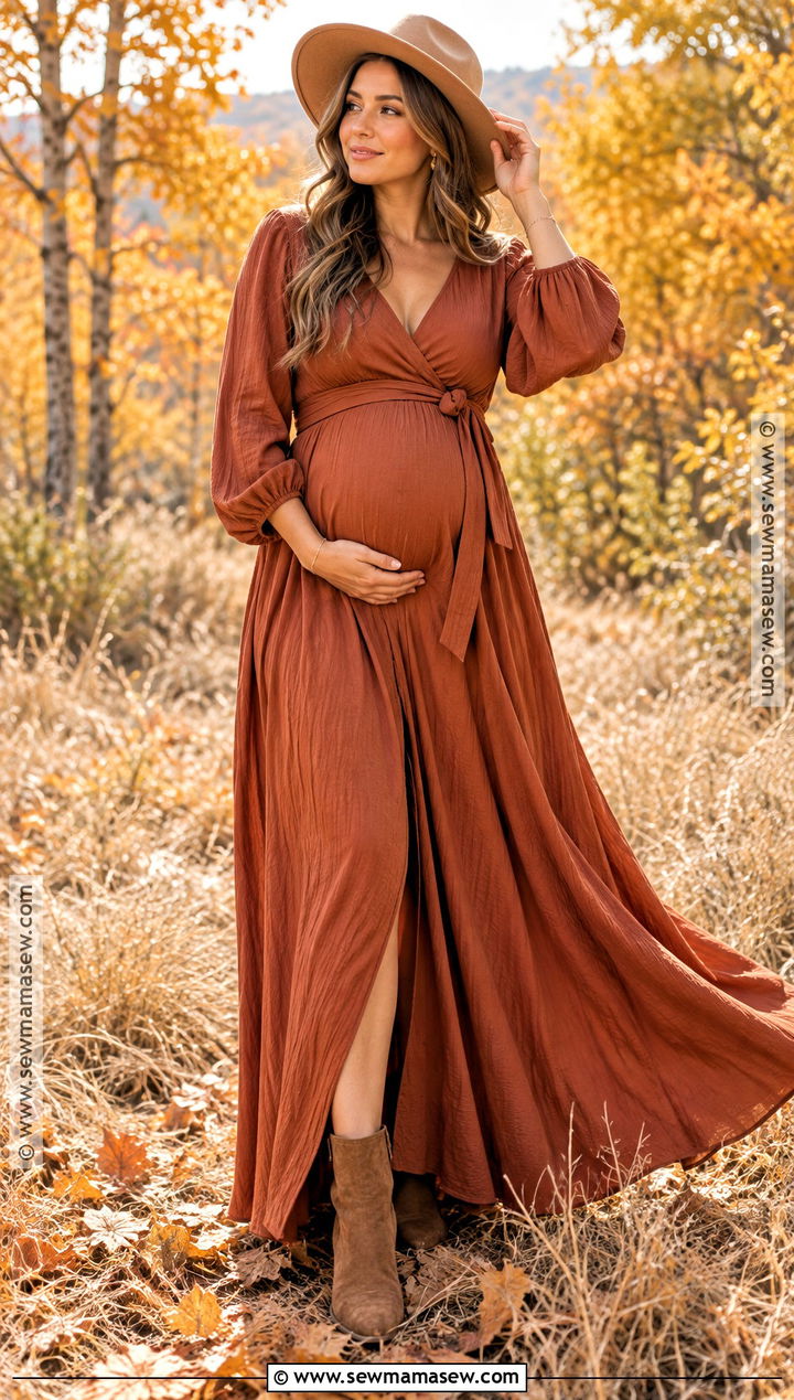 Rust Maternity Maxi Dress With Felt Hat - 15 fall maternity photos with hat ideas