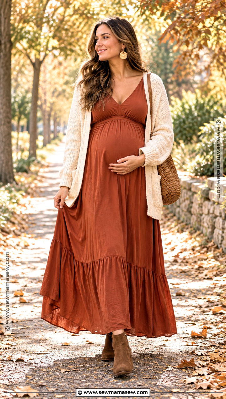 Rust Maternity Maxi Dress With Suede Boots - 20 fall maternity dresses