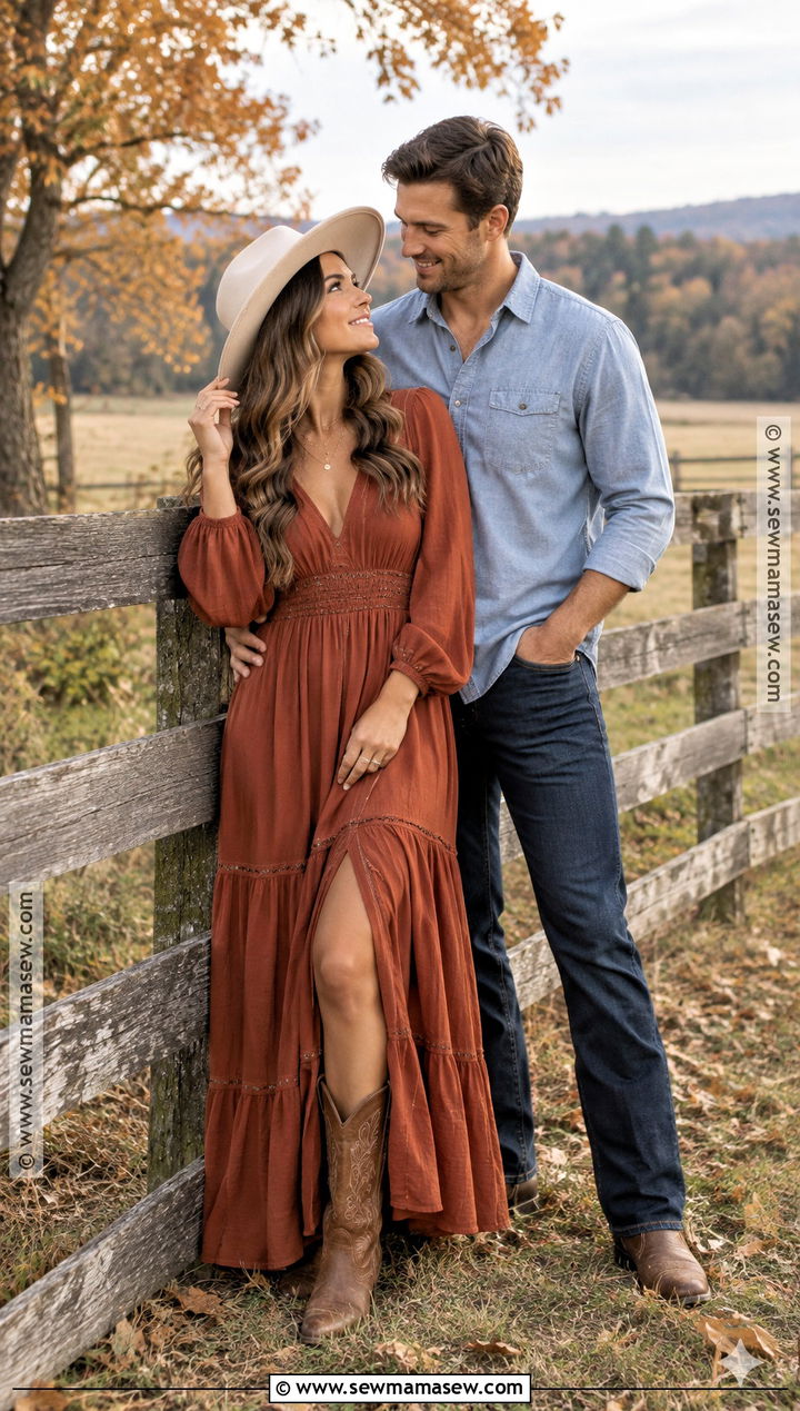 Rust Maxi Dress And Cowboy Boots Engagement Outfit - 15 engagement photos outfits fall country