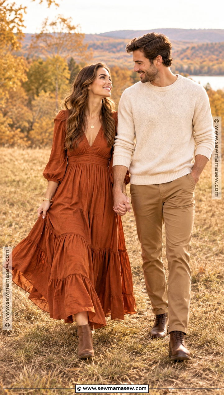 Rust Maxi Dress And Cream Sweater Couple Outfit - 15 couple photoshoot fall outfit ideas