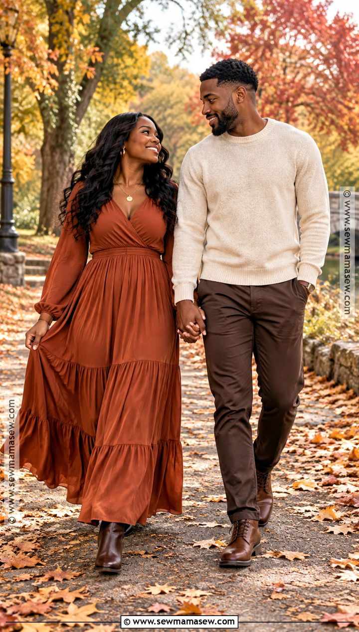 Rust Maxi Dress And Cream Sweater Fall Couples Outfit - 15 black couples fall photoshoot outfits