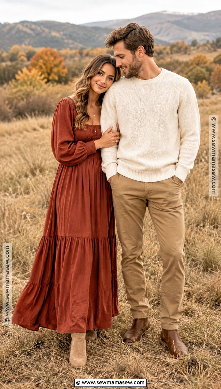 Rust Maxi Dress And Cream Sweater Fall Couples Photoshoot Outfit - 15 couples photoshoot fall outfit ideas