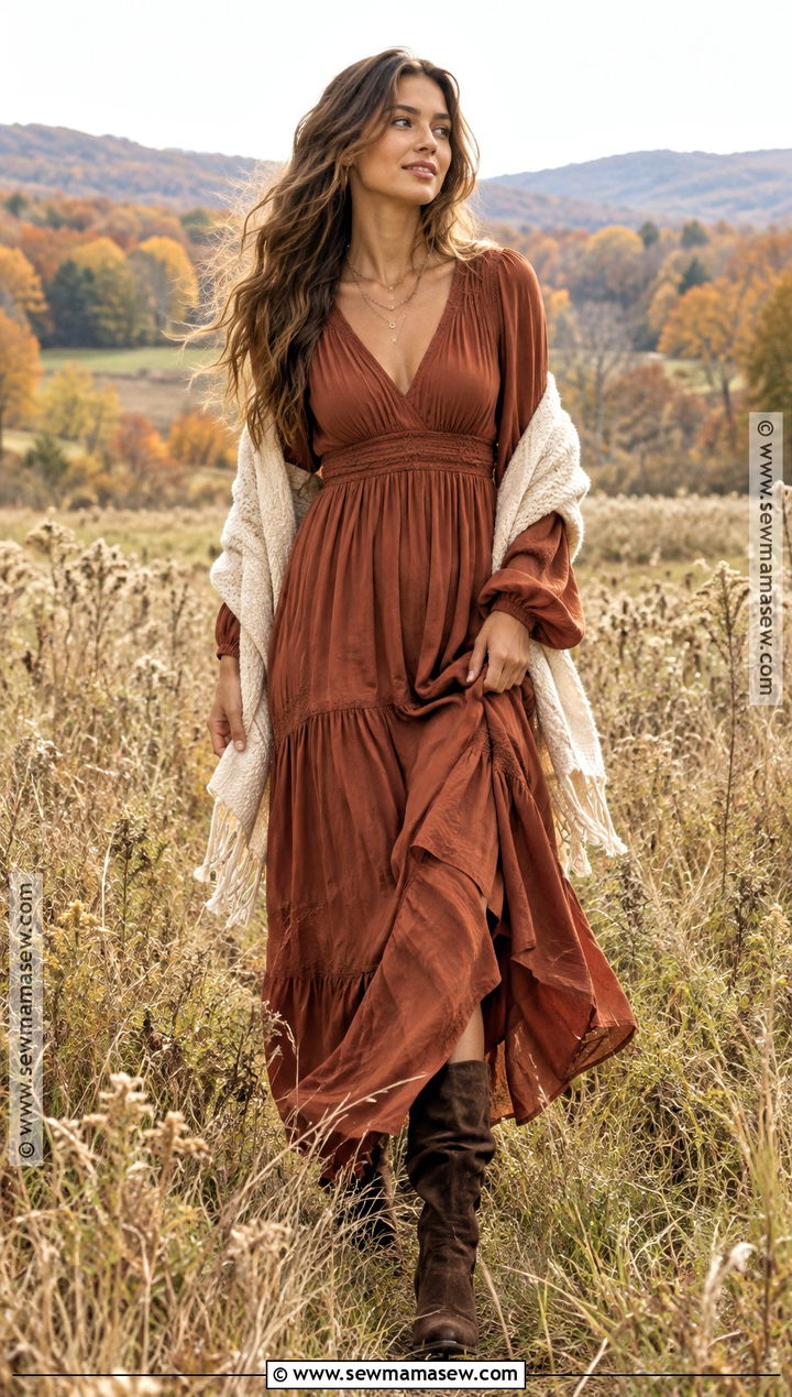 Rust Maxi Dress And Suede Boots Fall Photoshoot Outfit - 20 fall photoshoot outfits for women