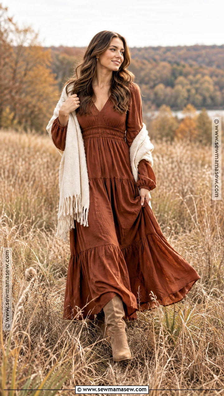 Rust Maxi Dress Engagement Photo Outfit With Suede Boots - 15 engament photo outfits fall