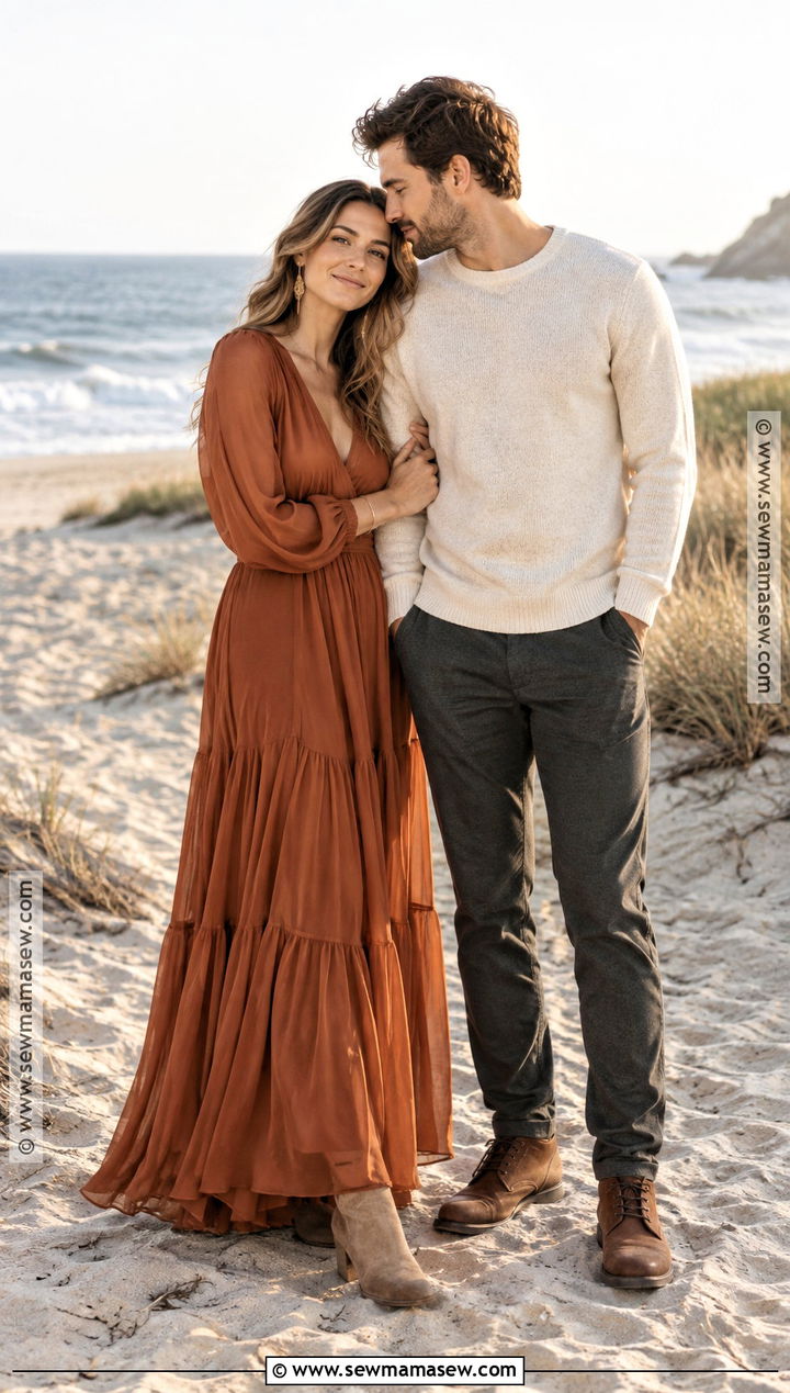 Rust Maxi Dress Fall Beach Engagement Outfit - 15 fall beach engagement photos outfit ideas