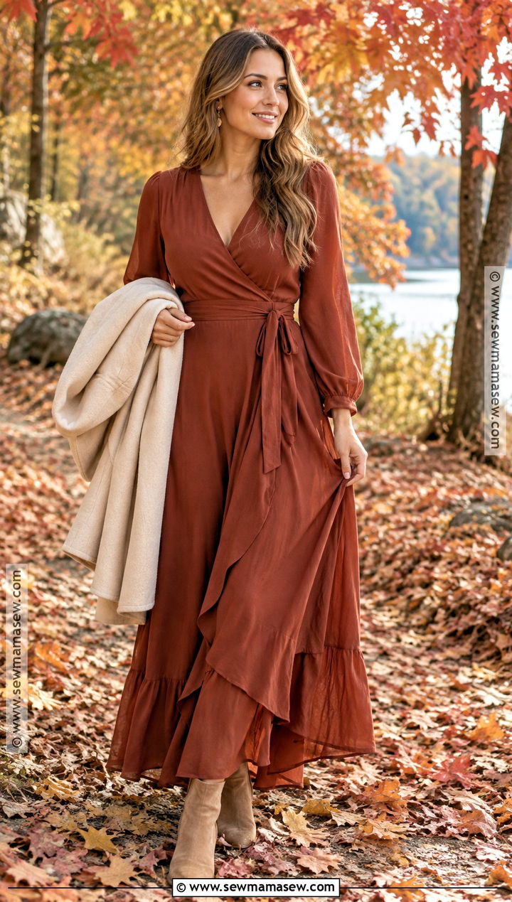 Rust Maxi Dress Fall Engagement Photo Outfit - 15 fall outfits women engagement photos