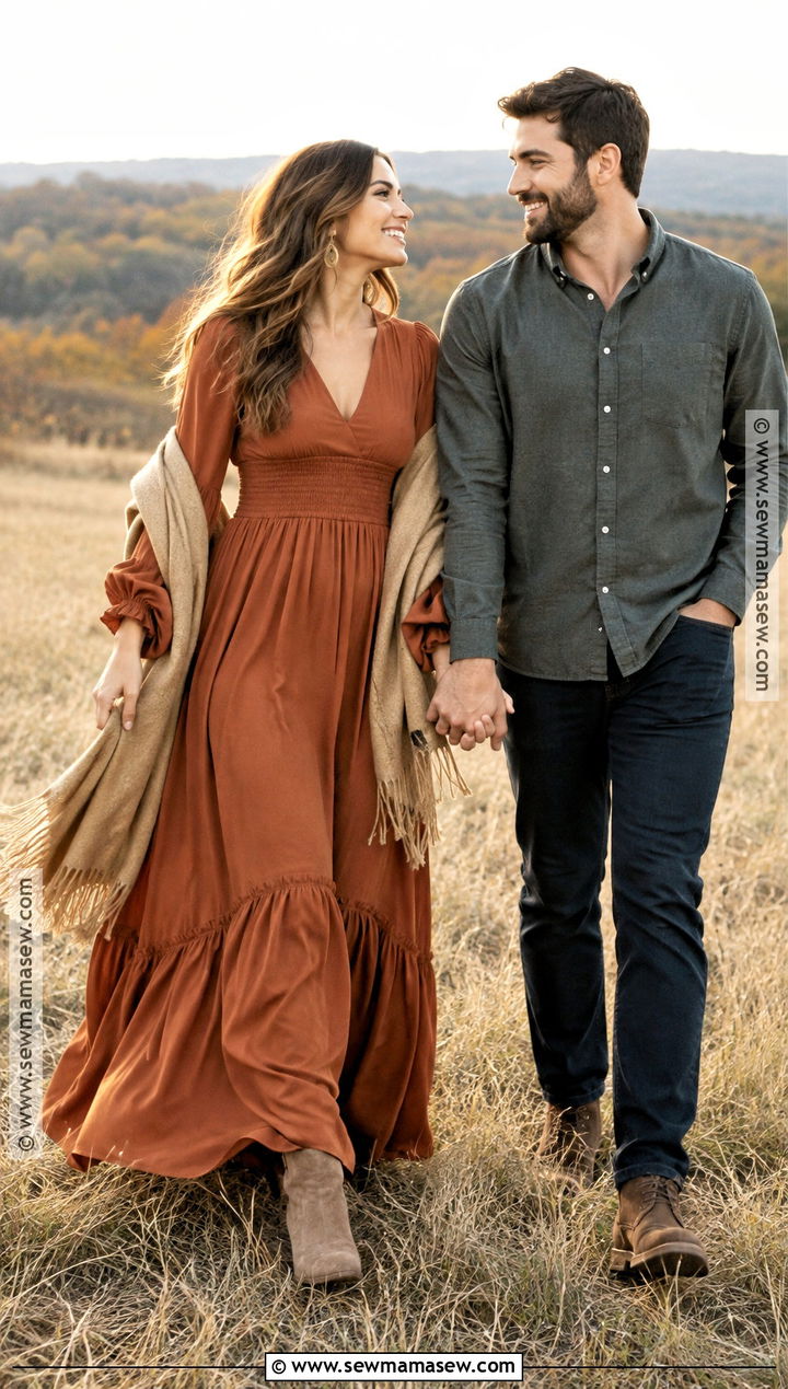 Rust Maxi Dress Fall Engagement Photo Outfit - 20 outdoor engagement photos outfits fall