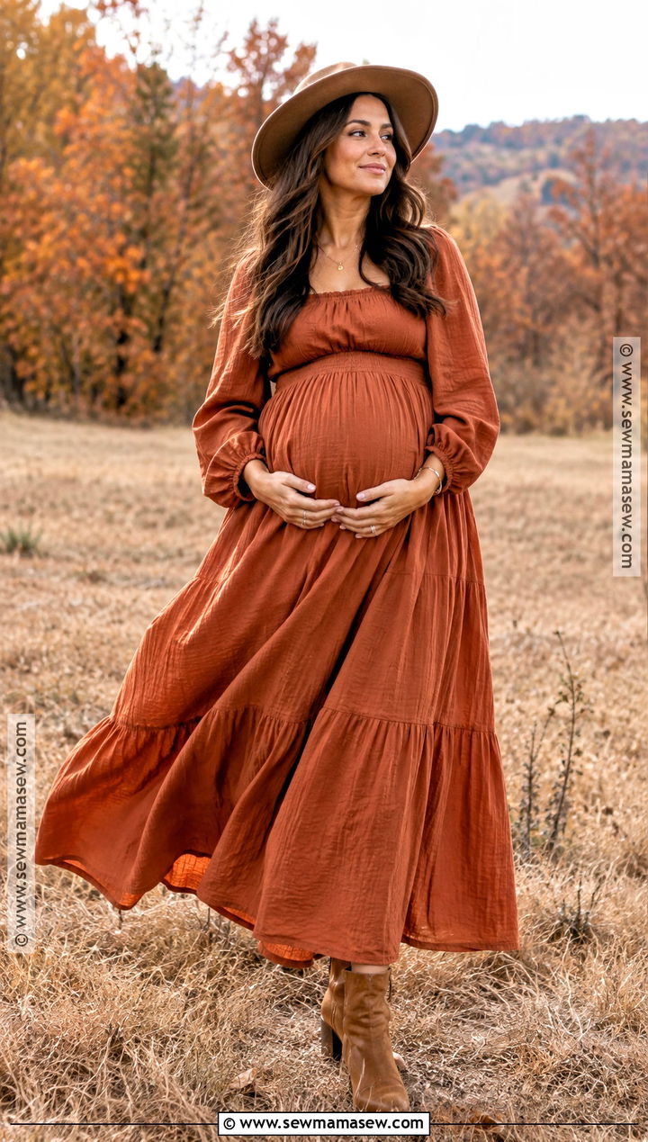 Rust Maxi Dress Fall Maternity Photoshoot - 20 maternity fall outfits photoshoot