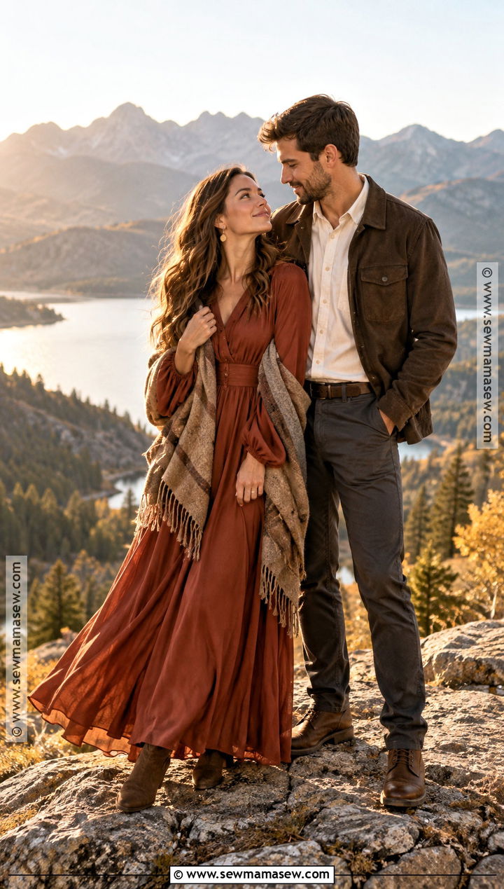 Rust Maxi Dress Fall Mountain Engagement Outfit - 15 engagement photos outfits fall mountains