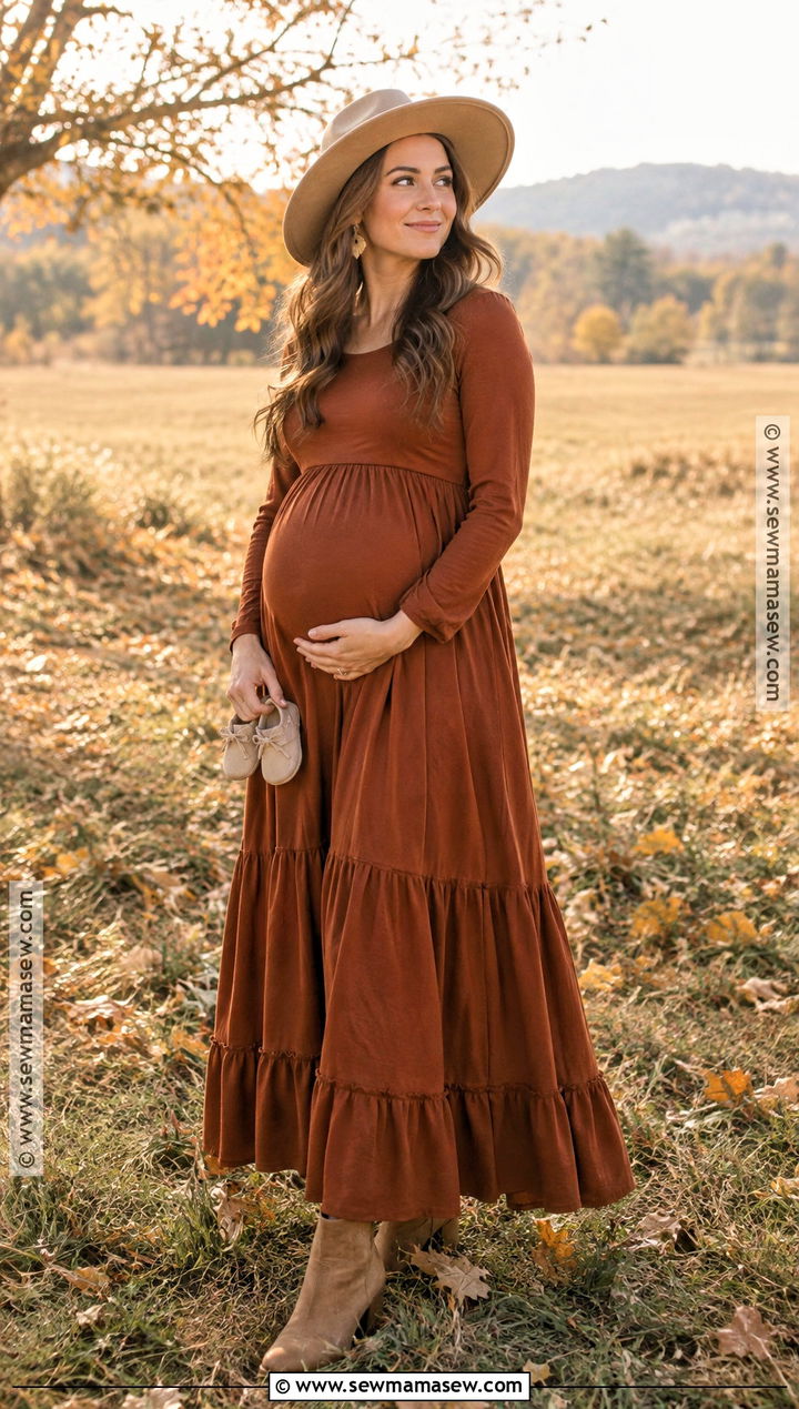 Rust Maxi Dress Pregnancy Announcement Outfit - 20 Fall Pregnancy Announcement Outfit Ideas
