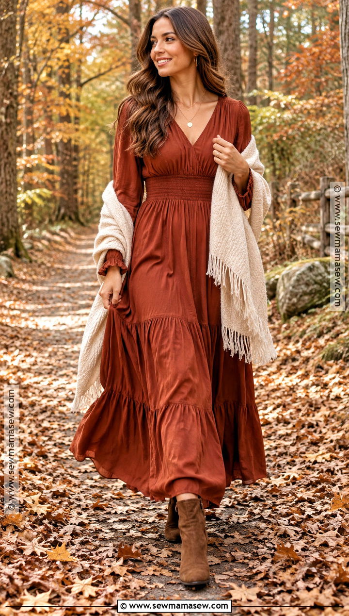 Rust Maxi Dress With Brown Ankle Boots - 15 Fall Picture Dresses for Women