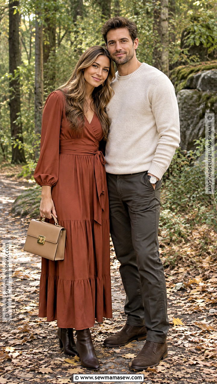Rust Maxi Dress With Brown Heeled Boots - 15 engagement photos outfits september