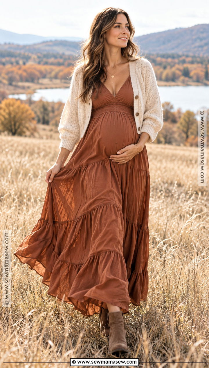 Rust Maxi Dress With Cropped Cardigan - 15 casual maternity outfits photoshoot fall