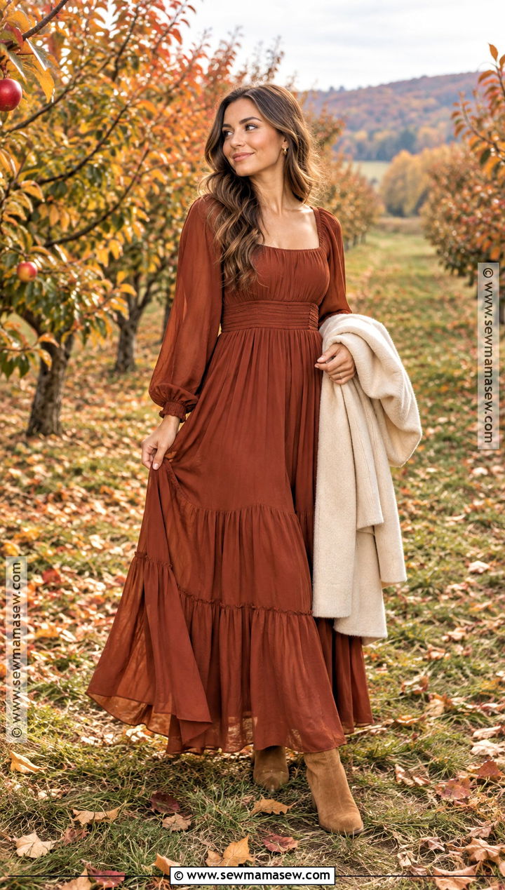 Rust Maxi Dress With Suede Ankle Boots - 15 fall engagement photos dress ideas