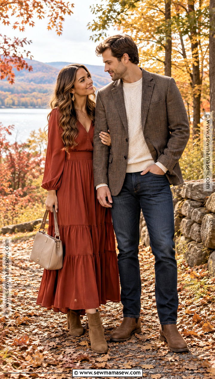 Rust Maxi Dress With Suede Ankle Boots - 15 engagement photos outfits autumn