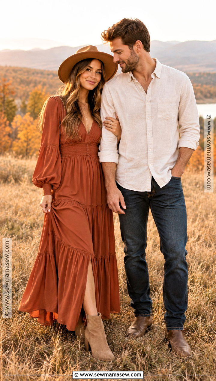 Rust Maxi Dress With Suede Boots - 15 boho engagement photos outfits fall