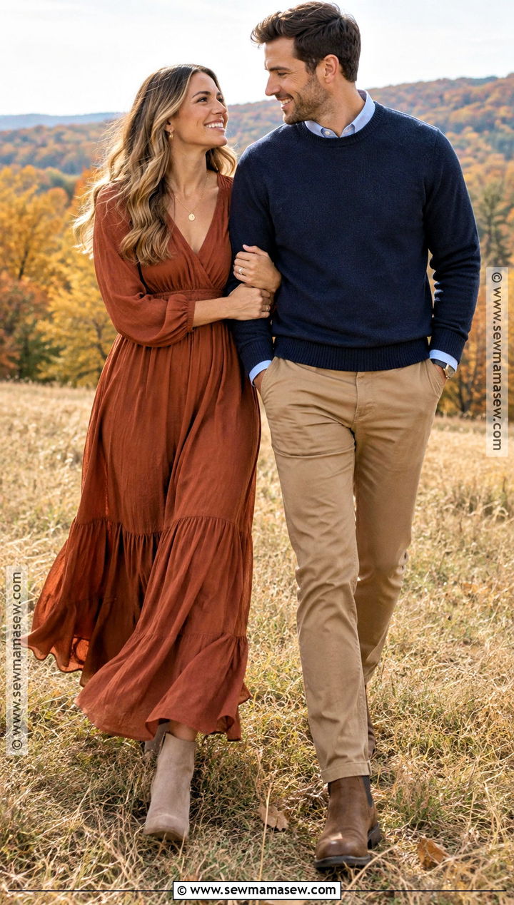 Rust Maxi Dress and Navy Sweater Fall Couple Outfit - 15 Fall Photos Couples Outfits