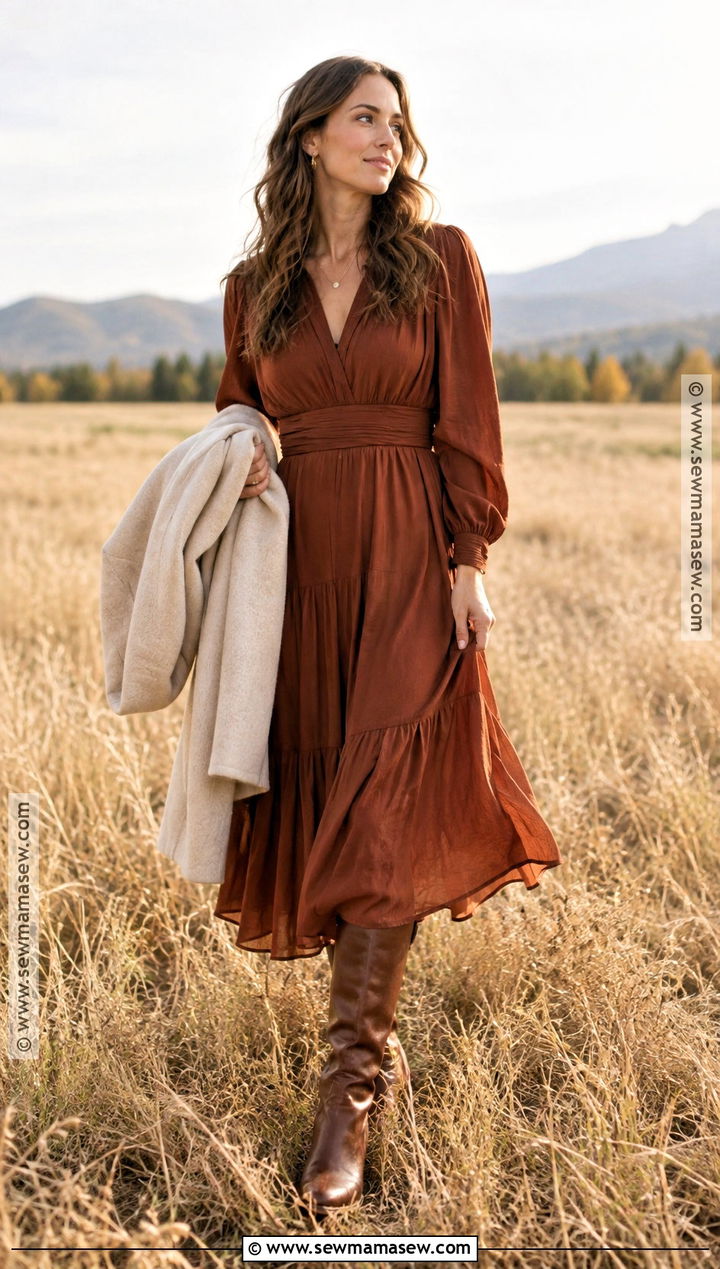 Rust Midi Dress And Brown Boots Outfit - 20 Autumn Photoshoot Outfits