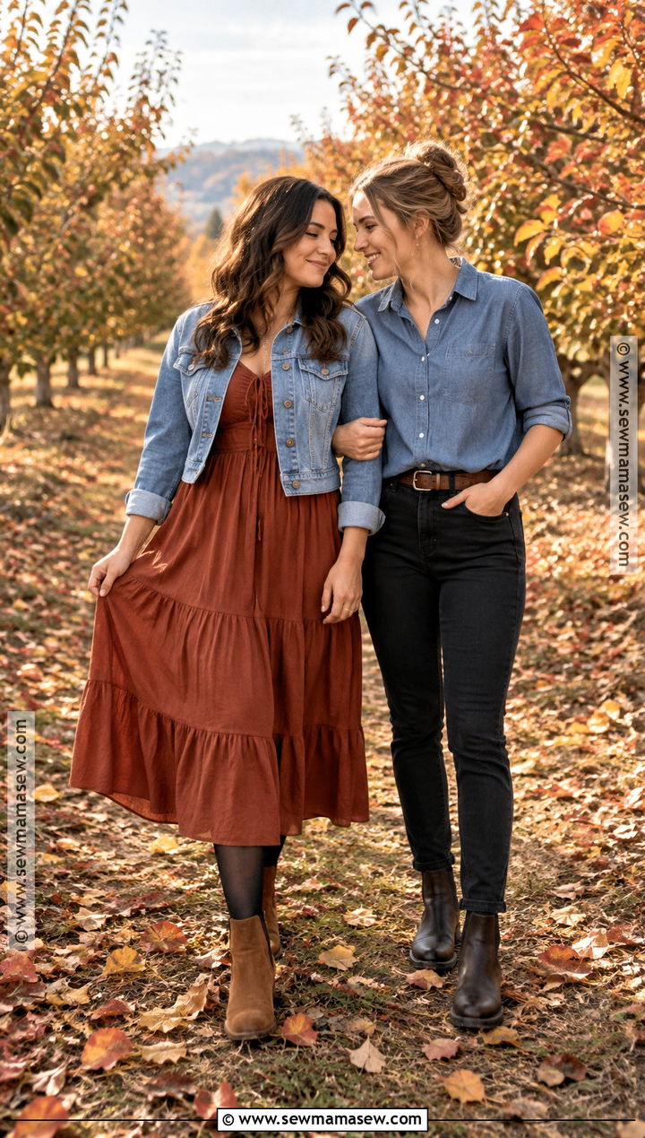 Rust Midi Dress And Denim Jacket Couple Outfit - 15 Lesbian Couple Photoshoot Outfits Fall