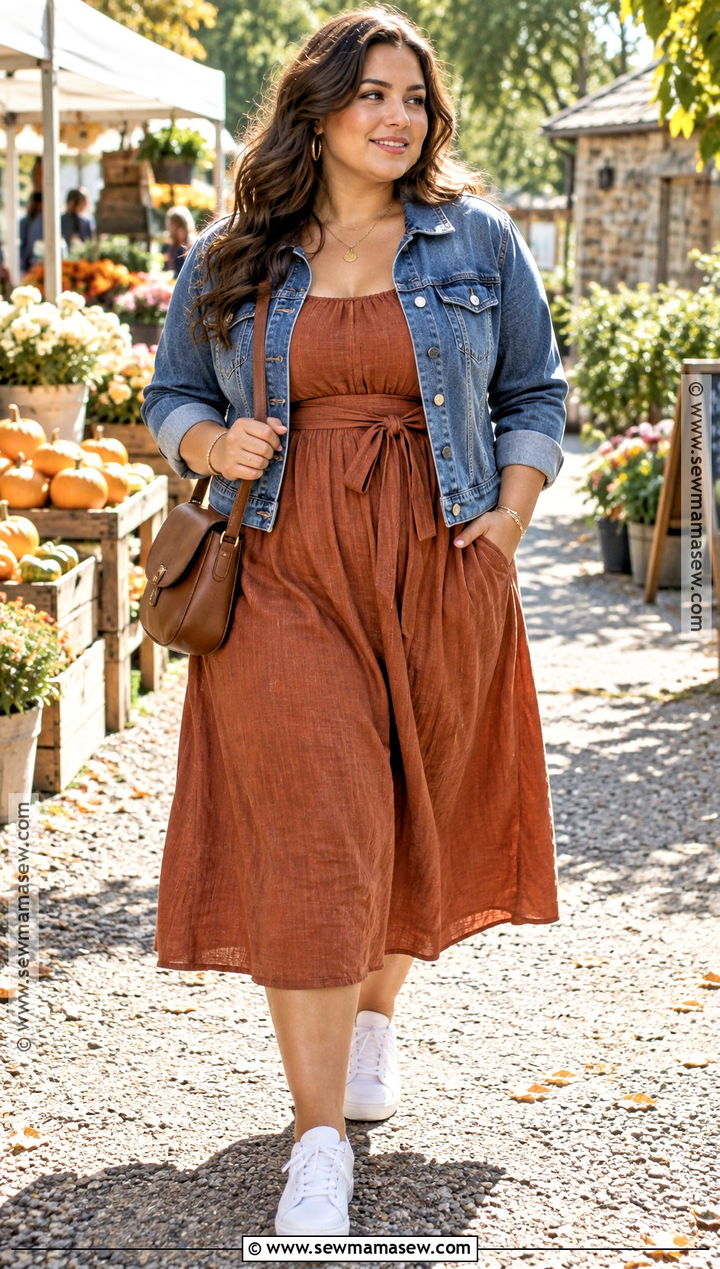 Rust Midi Dress And Denim Jacket Fall Outfit - 15 fall outfit ideas warm weather