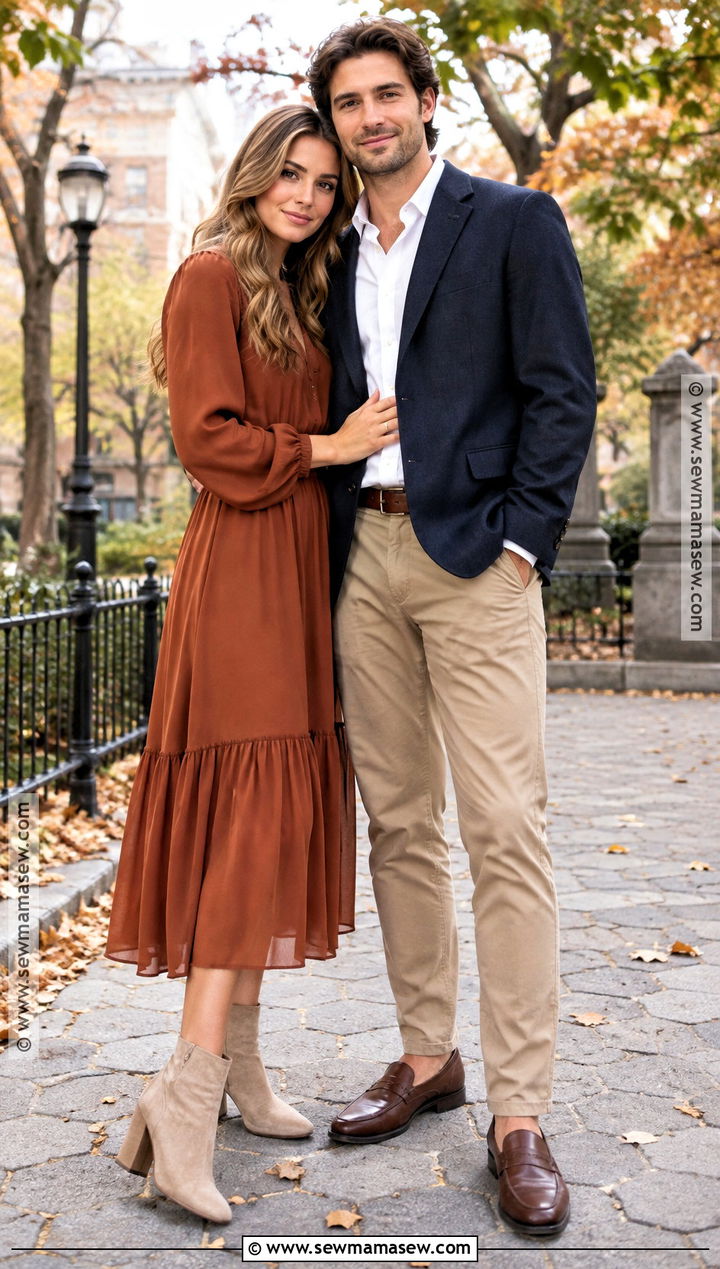 Rust Midi Dress And Navy Blazer Couple Outfit - 15 Couple Picture Outfit Ideas Fall