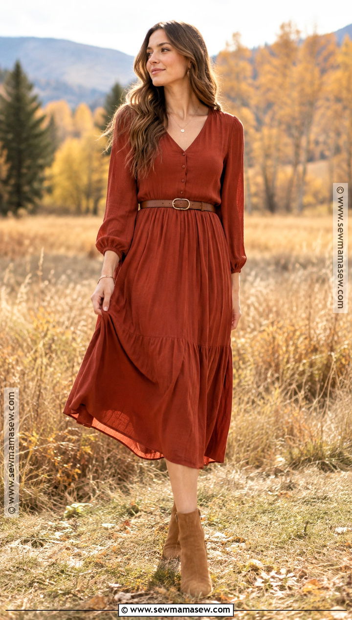 Rust Midi Dress And Suede Boots Fall Picture Outfit - 25 fall picture outfits